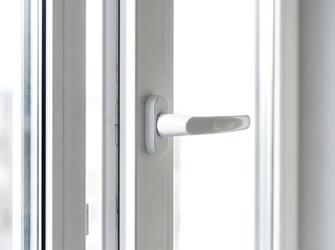 Modern white PVC window handle close up view | Ergonomic plastic window lever lock mechanism | Detailed shot of white double glazed window handle | Upvc window frame hardware and locking handle device