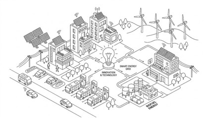 Fototapeta premium Isometric Eco Energy Smart City Concept Vector Set Renewable Power Grid, Electric Car, and Green Technology Infrastructure Illustration Pack
