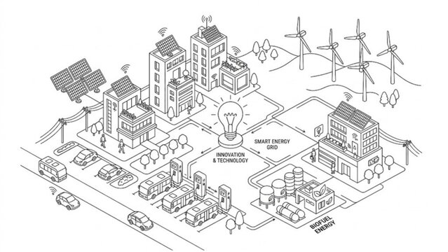 Isometric Eco Energy Smart City Concept Vector Set Renewable Power Grid, Electric Car, and Green Technology Infrastructure Illustration Pack