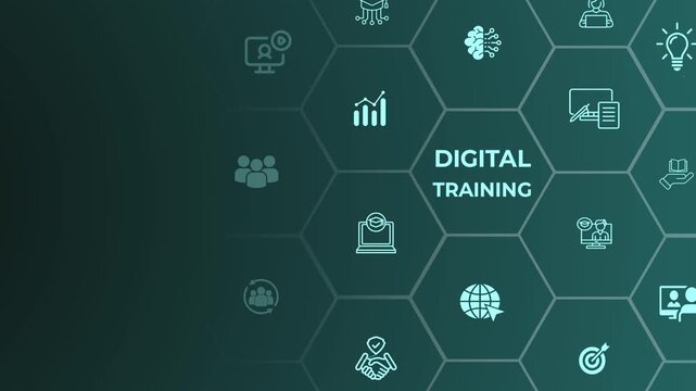 Digital training representation concept. Innovative e-learning tools aimed at skill enhancement, knowledge sharing, and professional growth in educational contexts. Animation of 4k video. 
