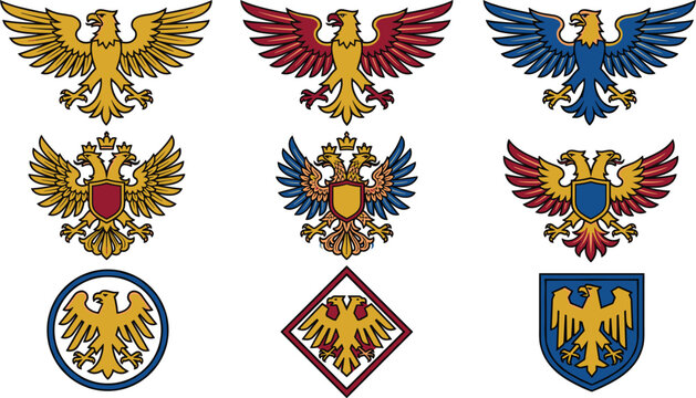 Heraldic Eagle and Double Headed Eagle Crest Vector Set Featuring Imperial Crests Medieval Shield Badges and Kingdom Coat of Arms Emblems