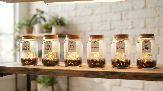 Glass jars containing fairy lights create a warm and magical evening display.