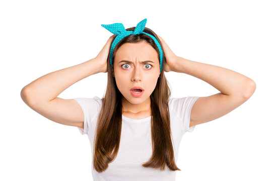 I cant believe! Portrait of astonished girl feel negative emotions touch her head after hearing horrible terrible news have done mistake guilty wear style outfit isolated over white color background