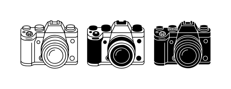 Digital Camera Icons, Photography Equipment Vector Set, Modern DSLR and Mirrorless Camera Illustrations
