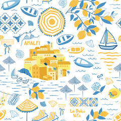 Fototapeta premium Mediterranean la dolce vita yellow and blue seamless pattern. Amalfi coast with Italian city, ceramic tile, coastline, lemon tree, beach, sea waves, sailboat, summer beach elements. Vector wallpaper