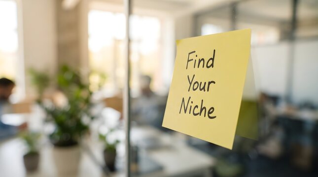 Sticky note attached to a glass office wall reminds a team to find their niche.
