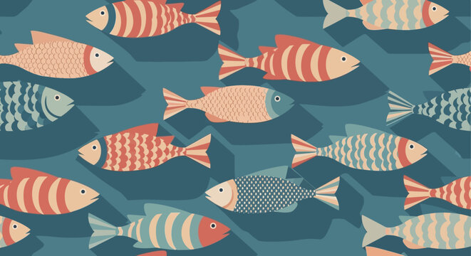 Colorful Fish Pattern, Underwater Seamless Background, Marine Life Illustration, Aquatic Animals