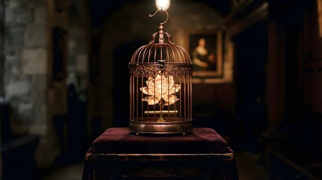 Birdcage protects a glowing golden flower sitting on a table in a dark room.