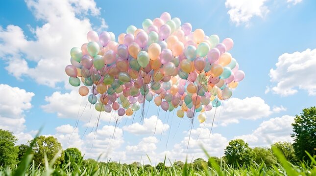 Balloons float above a lush green field under a bright blue summer sky above.
