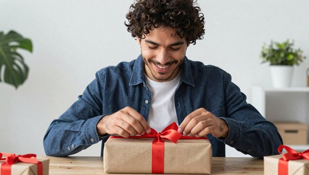 Smiling man opens a gift with a red ribbon on a wooden table