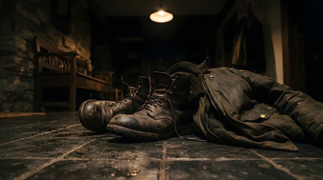 Boots rest on a tiled entryway floor after a long day of outdoor hiking.