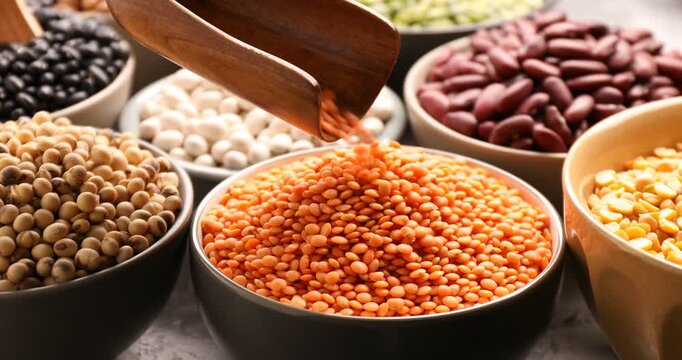 Pouring lentils into bowl from scoop, different types of legumes on grey table, closeup