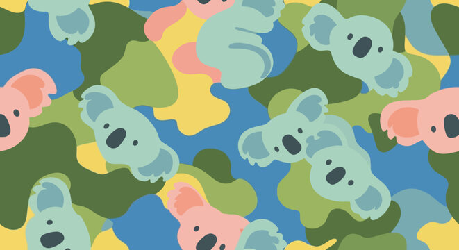 Cute Koala Pattern Camouflage Background, Kawaii Animal Art, Pink Blue Green Yellow