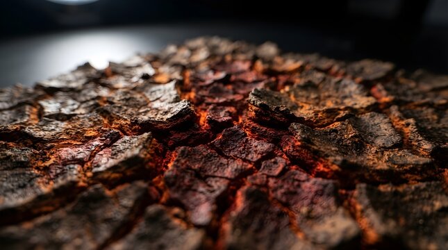 Bark fragments glow with an intense internal heat in a dark environment.