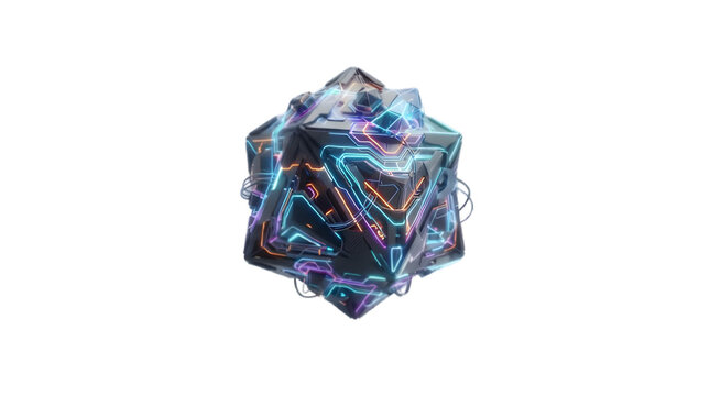 A complex abstract 3D geometric shape with glowing neon lines and edges on a dark black background.