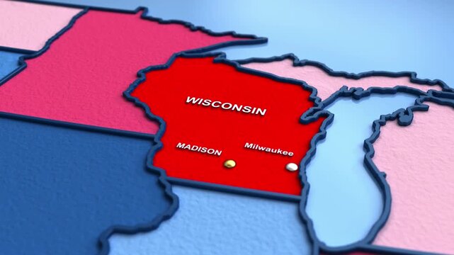 Looped 3D election map animation of the United States zooming into Wisconsin state, featuring red, blue, purple and green political outcome variations. 