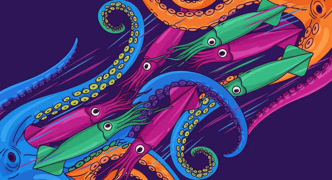 Vibrant Squid and Octopus Tentacles Swirling in Dynamic Abstract Ocean