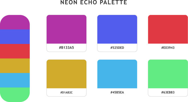 Neon echo palette featuring bright and bold saturated color shades with hex codes isolated on a transparent grid surface.