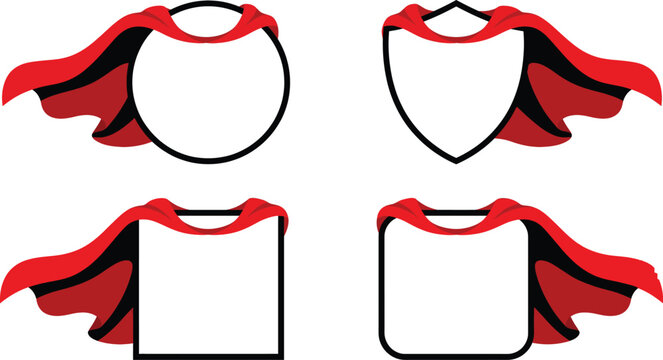 Set of four geometric frames with flowing red superhero capes attached to the edges isolated on a white background