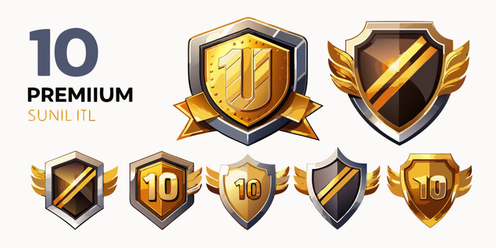 Premium game achievement shield icons and gold badges, vector