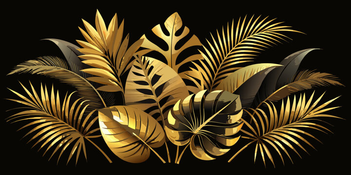 Elegant gold tropical foliage arrangement, vector