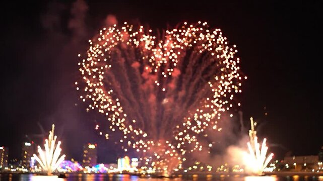 Bright red fireworks explode over a city skyline at night