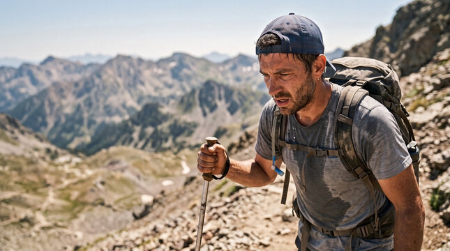 Male hiker losing strength while uphill trekking on rugged mountain landscape for physical endurance journey and outdoor fitness challenge websites.