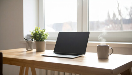 Fototapeta premium Minimalist workspace with open laptop and steaming mug on wooden desk for online education