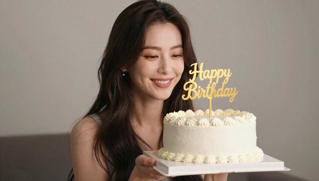 Smiling woman is holding a birthday cake with a happy birthday cake topper