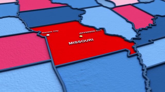 Looped 3D election map animation of the United States zooming into Missouri state, featuring red, blue, purple and green political outcome variations. 