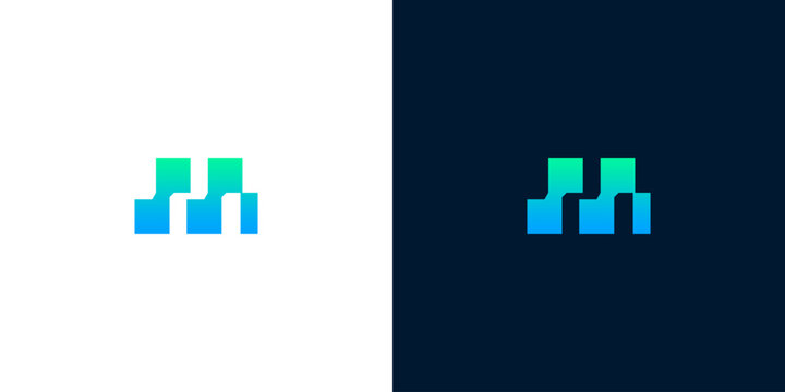 Minimalist pixel letter M logo featuring blue green gradient for modern tech branding and digital identity applications
