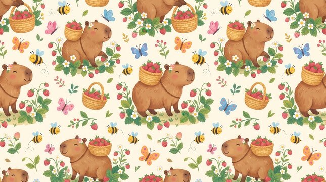 Cartoon Capybaras carry strawberry baskets among plants with bees and butterflies flying nearby