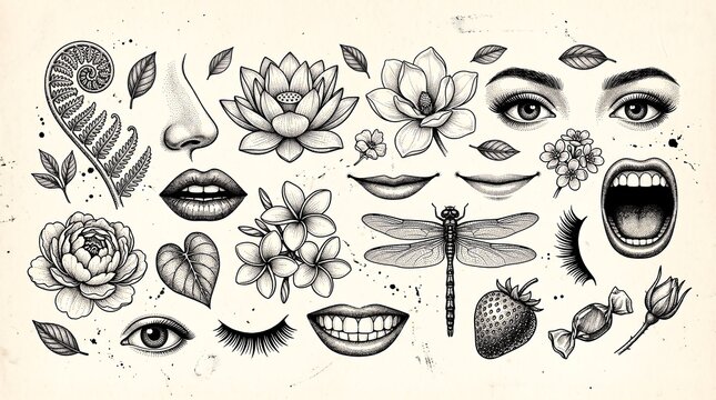A vintage flash sheet of monochrome stipple illustrations featuring botanical flowers, dragonfly, realistic facial features like eyes, lips, and delicate leaves on aged paper.