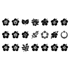 Fototapeta premium Hibiscus flower silhouette collection with tropical leaves and floral wreath design icons.