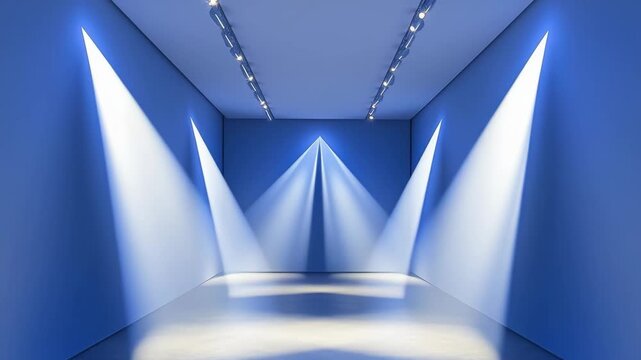 Abstract blue three dimensional corridor illuminated by dramatic light beam, futuristic architectural space, sleek modern geometry, immersive digital backdrop.