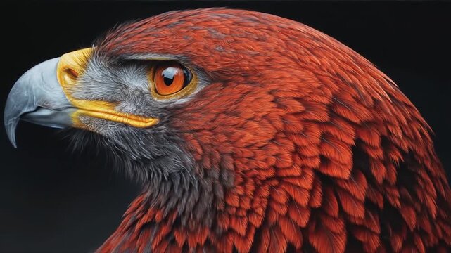 Close up portrait of a regal bird of prey with red and orange feathers