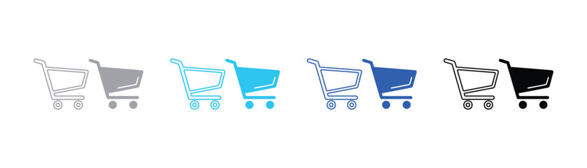 Set of minimalist shopping cart icons featuring outline and solid blue design styles shopping ecommerce business purchasing consumer interface minimalist transaction delivery logistics © SilentSmog