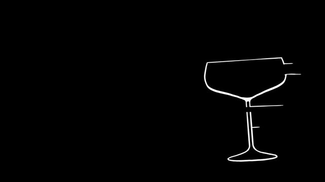 Hand drawn cocktail vector animation with pouring green lime liquor and umbrella lemon garnish in coupe glass on black background