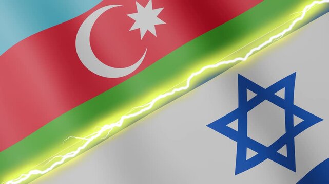 Two waving flags Azerbaijan and Israel with diagonal lightning seamless, 4k loop