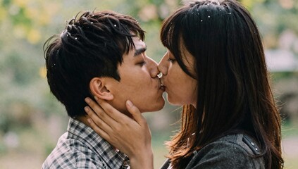 Fototapeta premium Intimate moment captured as a young couple kisses tenderly against a soft, natural background