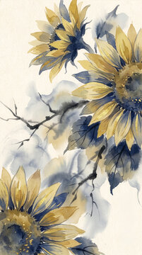 Sunflower ひまわり 402 Vertical Japanese Ink Style Sunflowers with Gold Lines and Plum Branches（金色のラインと梅の枝が描かれた縦位置の水墨画風ひまわり）