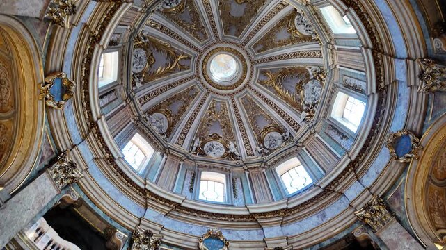 Cinematic Slow Motion View Of The Ornate Painted Dome In Santissimo Nome Di Maria Church