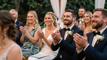 Fototapeta premium Wedding guests applaud during an outdoor ceremony in a natural setting