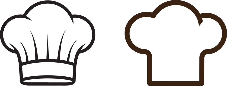 Chef hat vector icons with detailed line art and simple outline silhouette for restaurant logo and cooking design