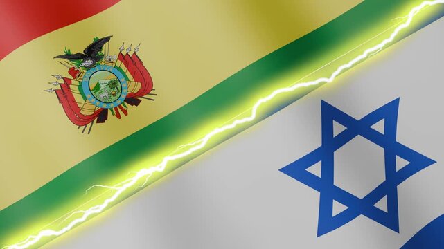 Two waving flags Bolivia and Israel with diagonal lightning seamless, 4k loop