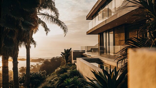 Luxury Modern Beachfront Villa with Infinity Pool and Ocean View at Golden Sunset