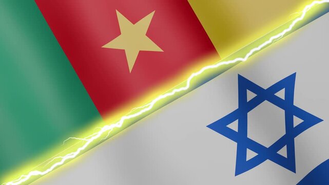 Two waving flags Cameroon and Israel with diagonal lightning seamless, 4k loop