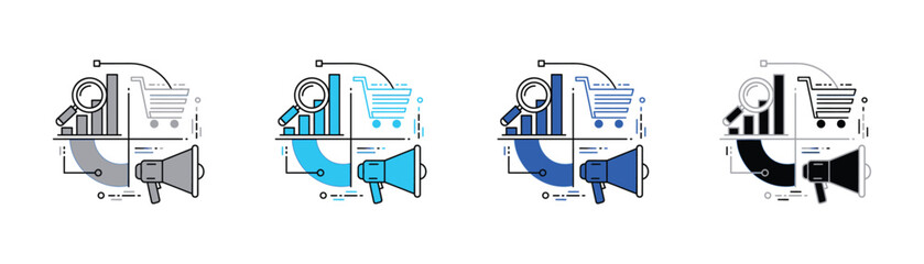 Business marketing strategy icon set including shopping cart megaphone and data analytics vector illustration with marketing strategy shopping megaphone analytics business commerce promotion © SilentSmog
