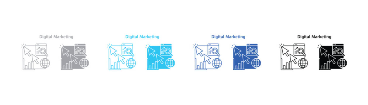 Digital marketing strategy icons showing web analytics and SEO traffic growth with marketing analytics business internet development optimization advertising strategy promotion communication