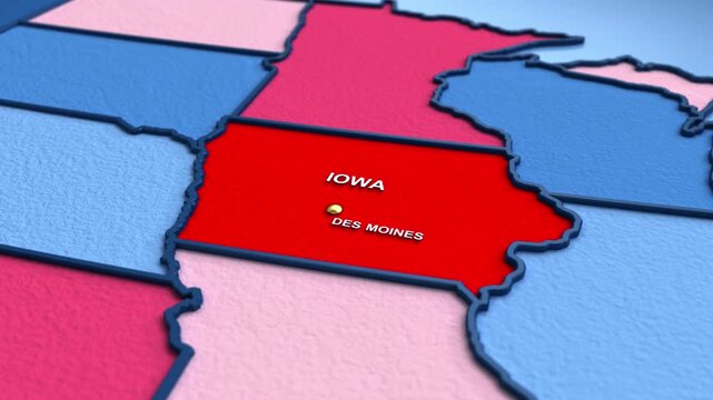 Looped 3D election map animation of the United States zooming into Iowa state, featuring red, blue, purple and green political outcome variations. 
